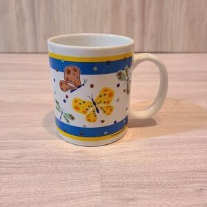 Vintage Butterfly Ceramic Coffee Mug Tea Cup Yellow Dragonfly Floral Nature 12oz
